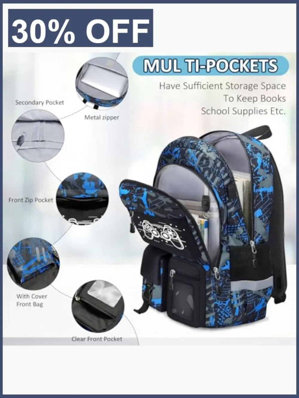 4 Piece Gamer Boys Backpack Set with Lunch Box & Pencil Case Large 18 inch